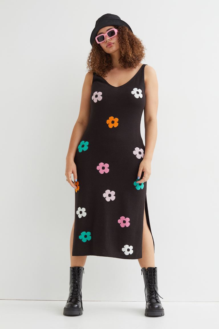 H&M+ Strickkleid Blumen schwarz