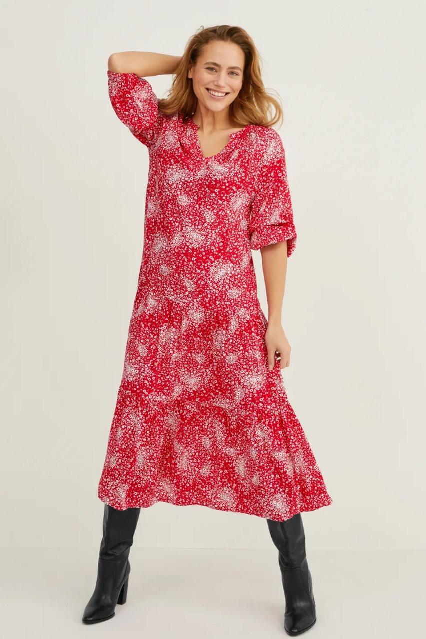 Kleid C&A rot mit Blumenmuster