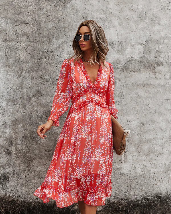 Midikleid rot mit Blumenmuster Fashion Movements