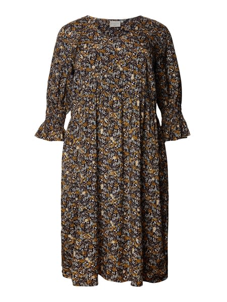 KAFFE Curve PLUS SIZE Midikleid mit floralem Muster - Dunkelblau