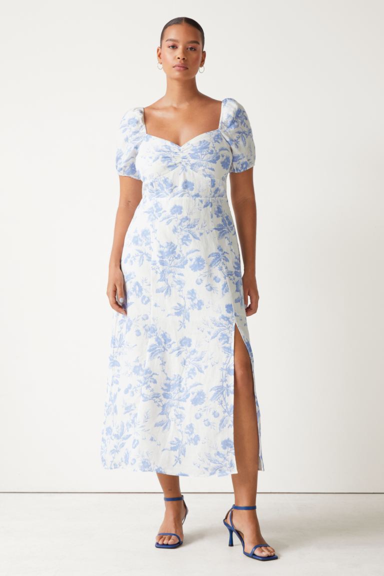Midikleid aus Leinen mit Puffärmeln &other stories Weiß Blau