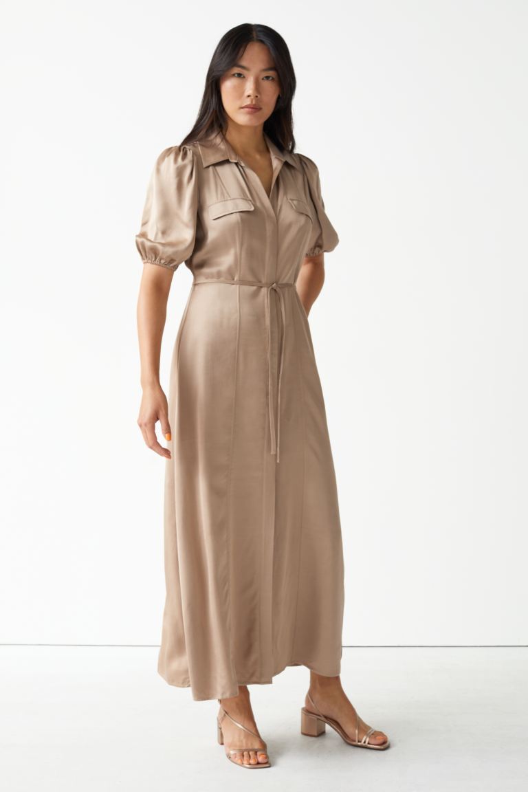 Midikleid mit Puffärmeln und Gürtel beige &other stories