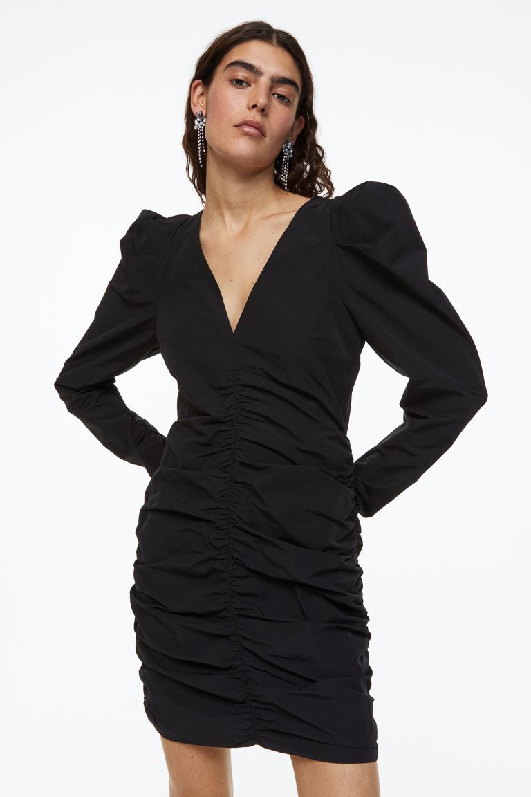 Gerafftes Kleid mit Puffärmeln H&M Schwarz