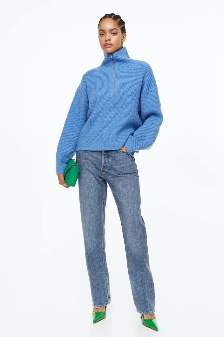 Gerippter Pullover mit Zipper hellblau H&M