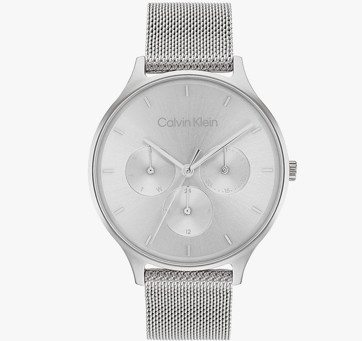 Calvin Klein Multi Zifferblatt Quarz Uhr für Damen mit Silbernes Edelstahl-Mesh-Gliederarmband silber