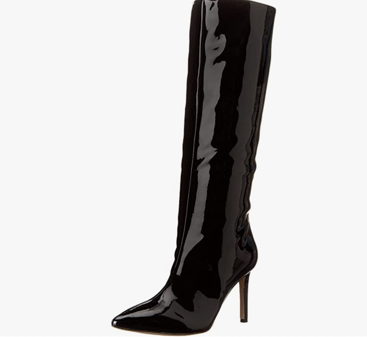 Kniehohe Stiefel in Lackoptik und mit spitzem Absatz von Guess über Amazon