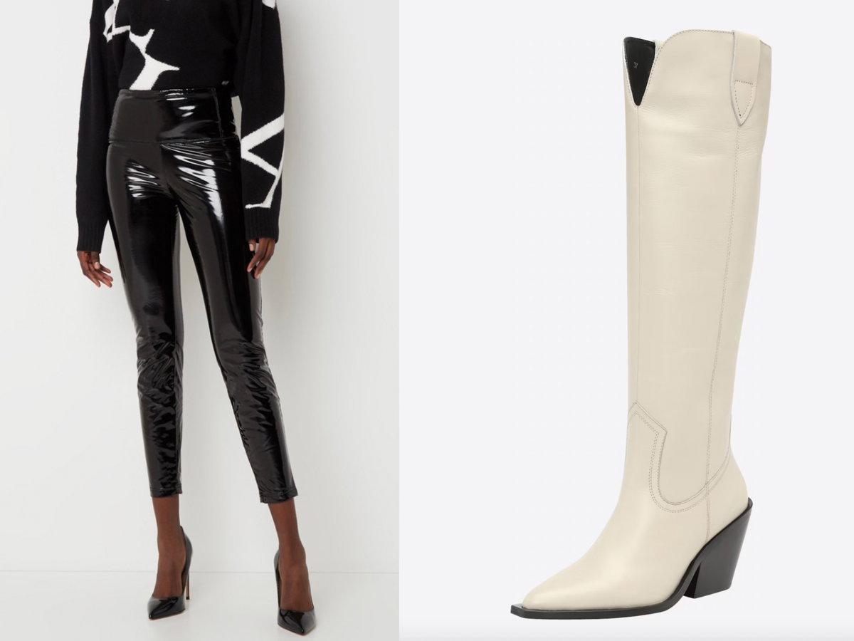 Lack-Leggings und weißer Cowboy Stiefel