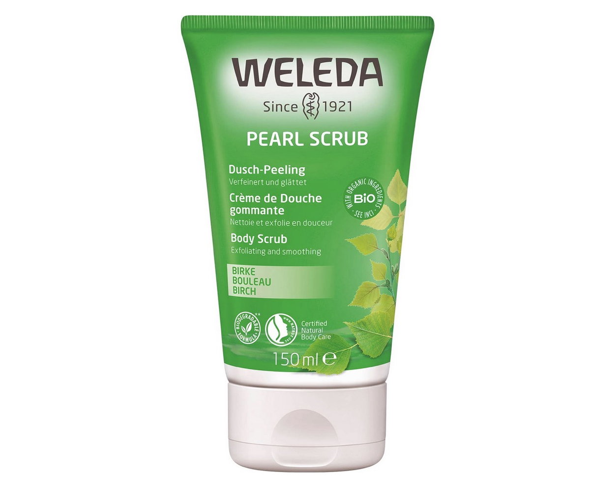 WELEDA Bio Pearl Scrub Dusch-Peeling Birke - schonendes Naturkosmetik Duschgel Körper Peeling für spürbar seidig glatte Haut Large