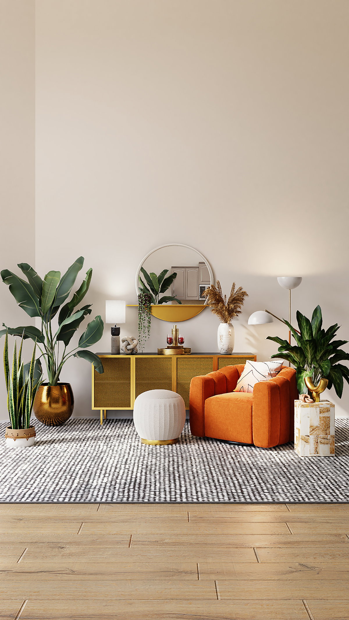 Wohnzimmer orangener Sessel und Kommode