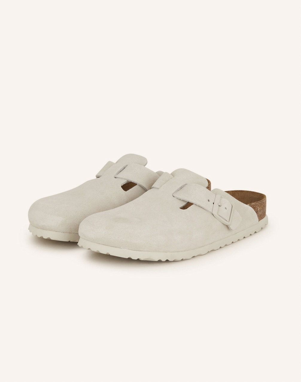 Pantoletten BOSTON von Birkenstock in Creme aus Veloursleder über Breuninger, ca. 130 Euro