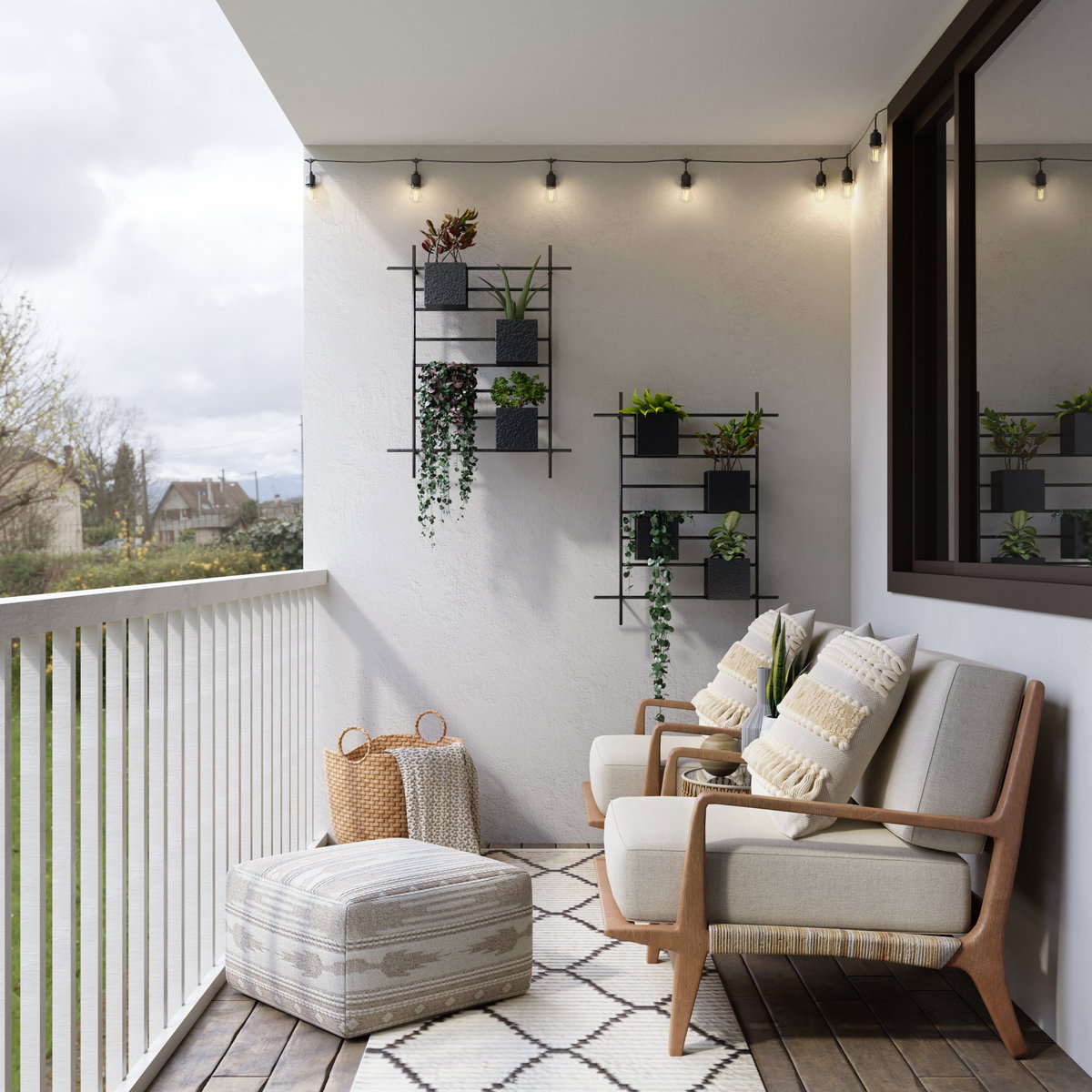 balkon mit möbeln Sofa Teppich Pflanzen