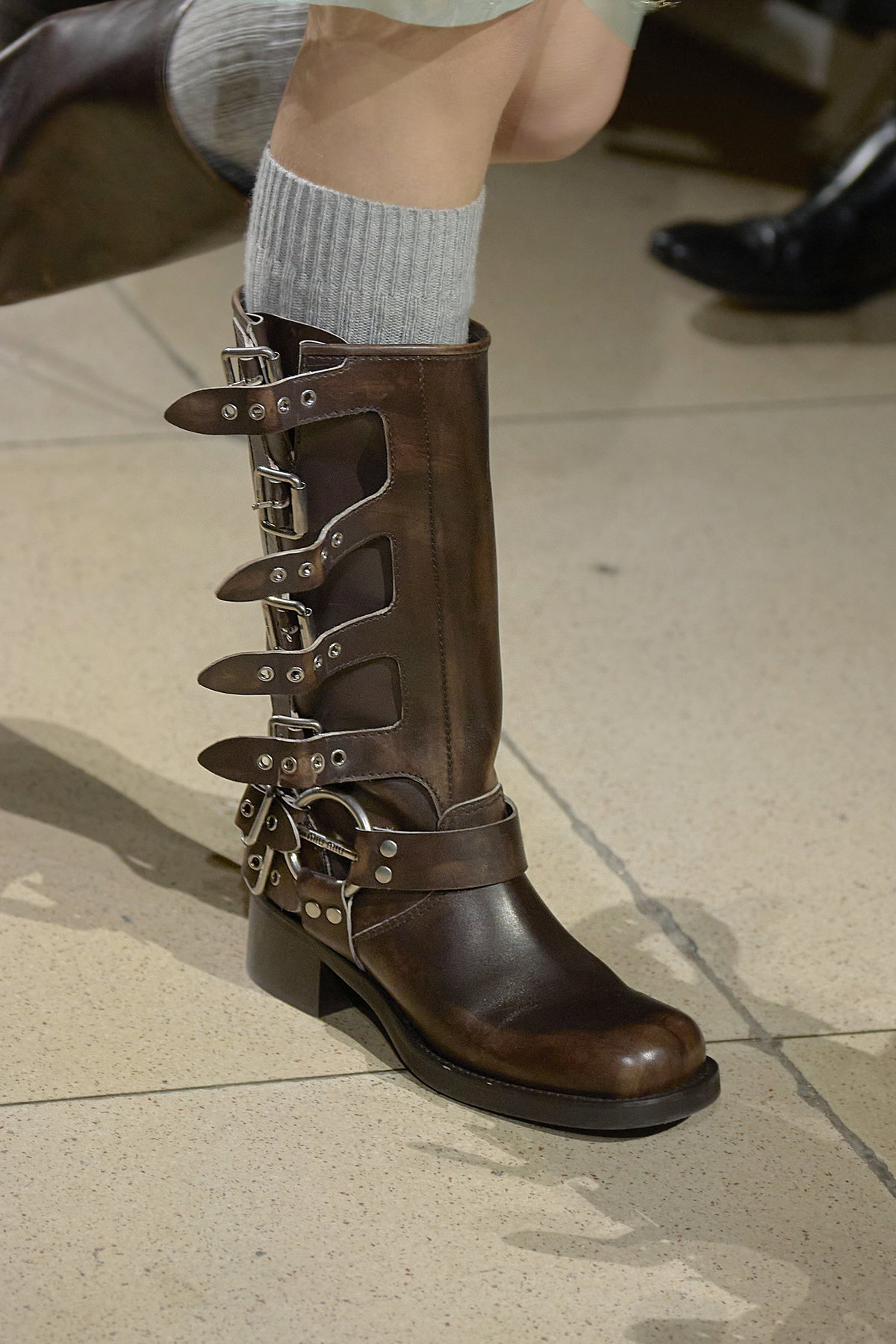 Miu Miu Fashion Show Fall Winter 2022 Biker Boot in Braun