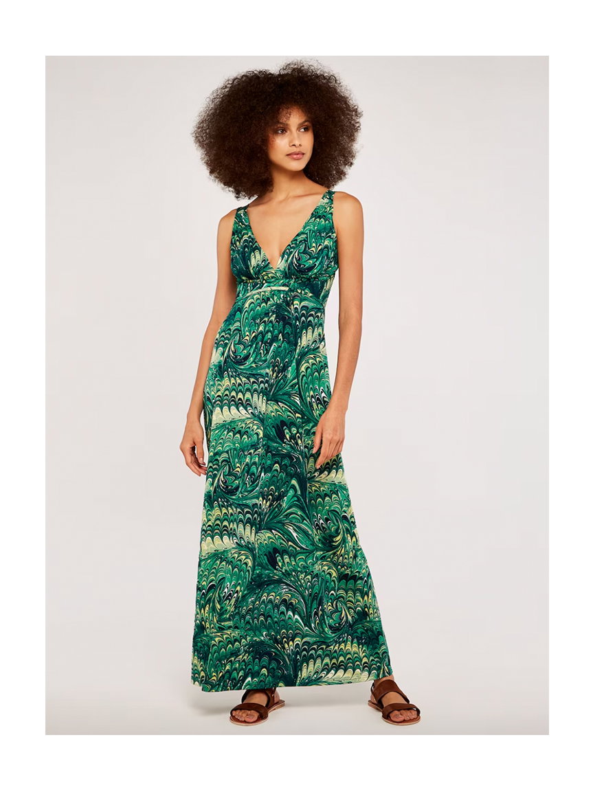 Grünes Maxikleid mit tropischen Mustern