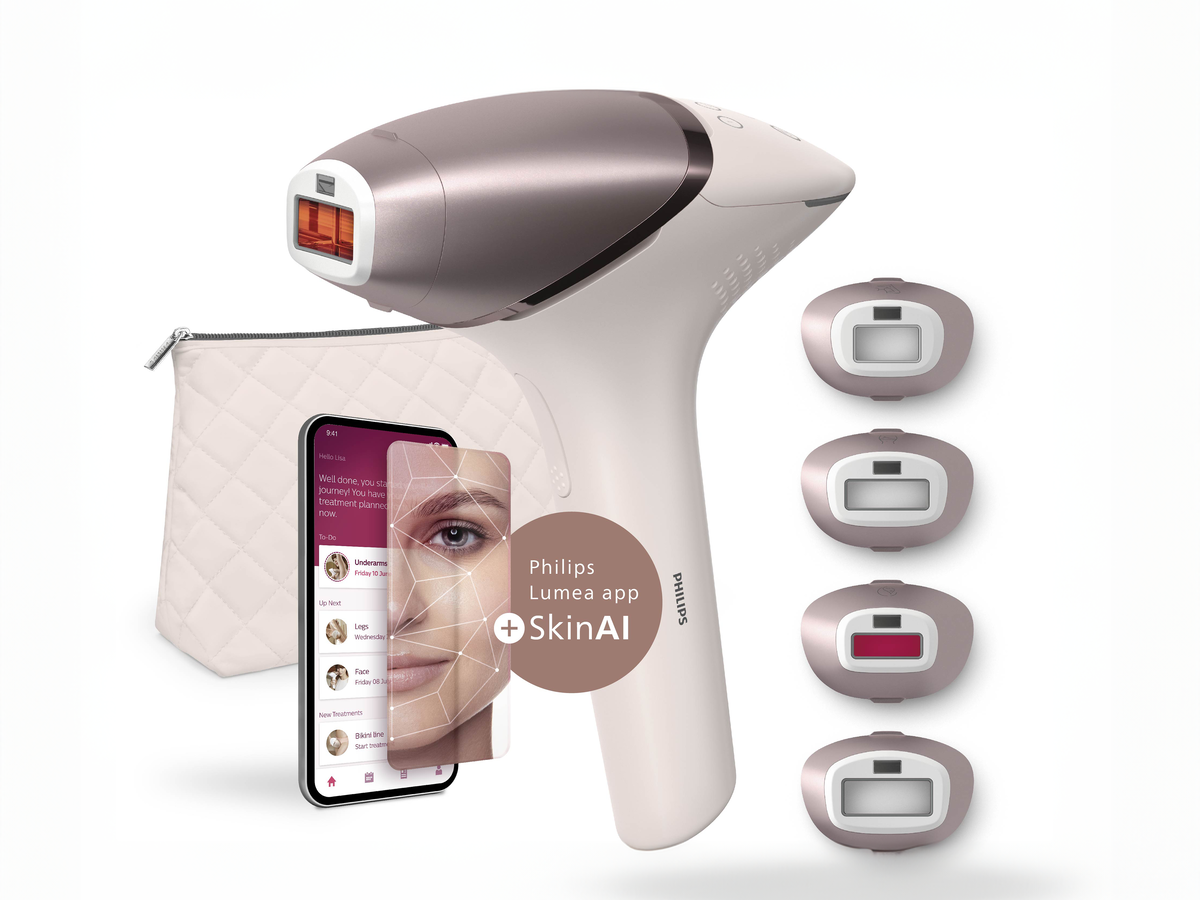 Philips Lumea IPL 9900 Series SKinAI kommt mit 4 intelligenten Aufsätzen für Körper, Bikinizone, Achselhöhlen, und Gesicht mit UV-Filter