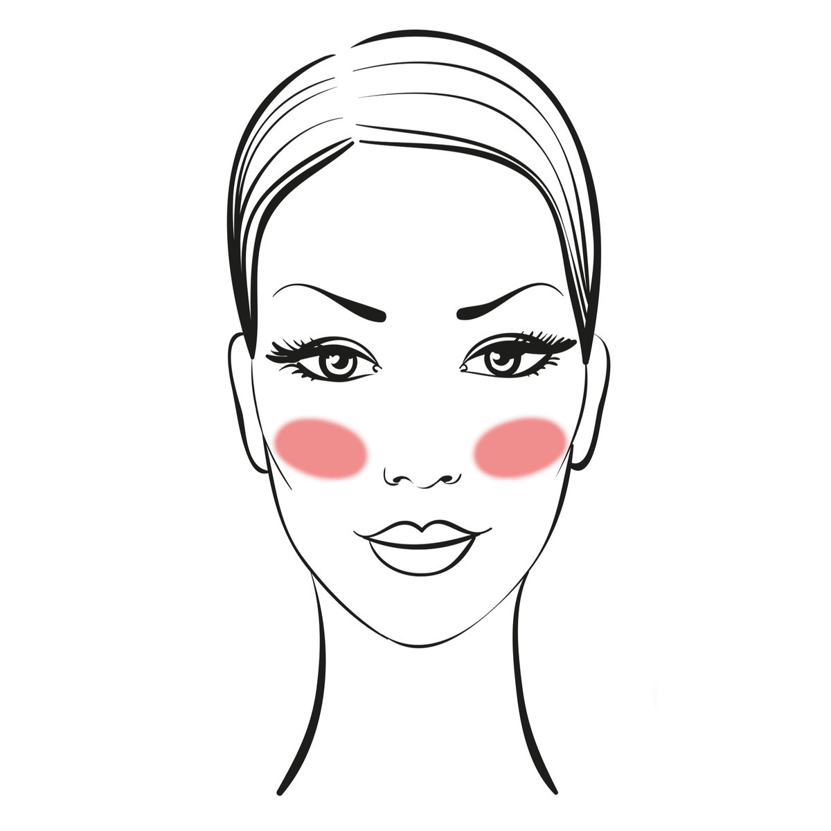 Wer ein langes Gesicht hat, trägt den Blush am besten fast schon in waagerechter Position mittig vom Gesicht auf. Das lenkt den Blick auf die Gesichtsmitte und verkürzt so optisch die meist recht ausgeprägte Stirn- und Kinnpartie.