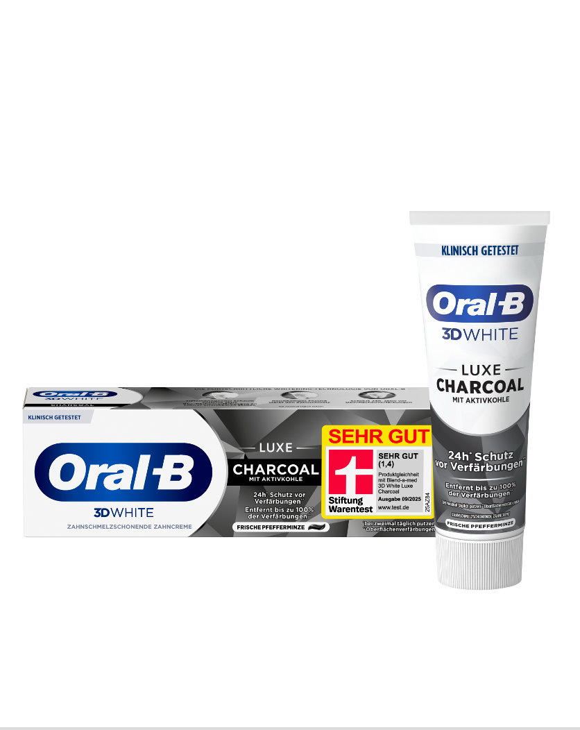Die Oral-B 3D White Luxe Charcoal wurde kürzlich von Stiftung Warentest mit der Note „SEHR GUT (1,4)” ausgezeichnet.