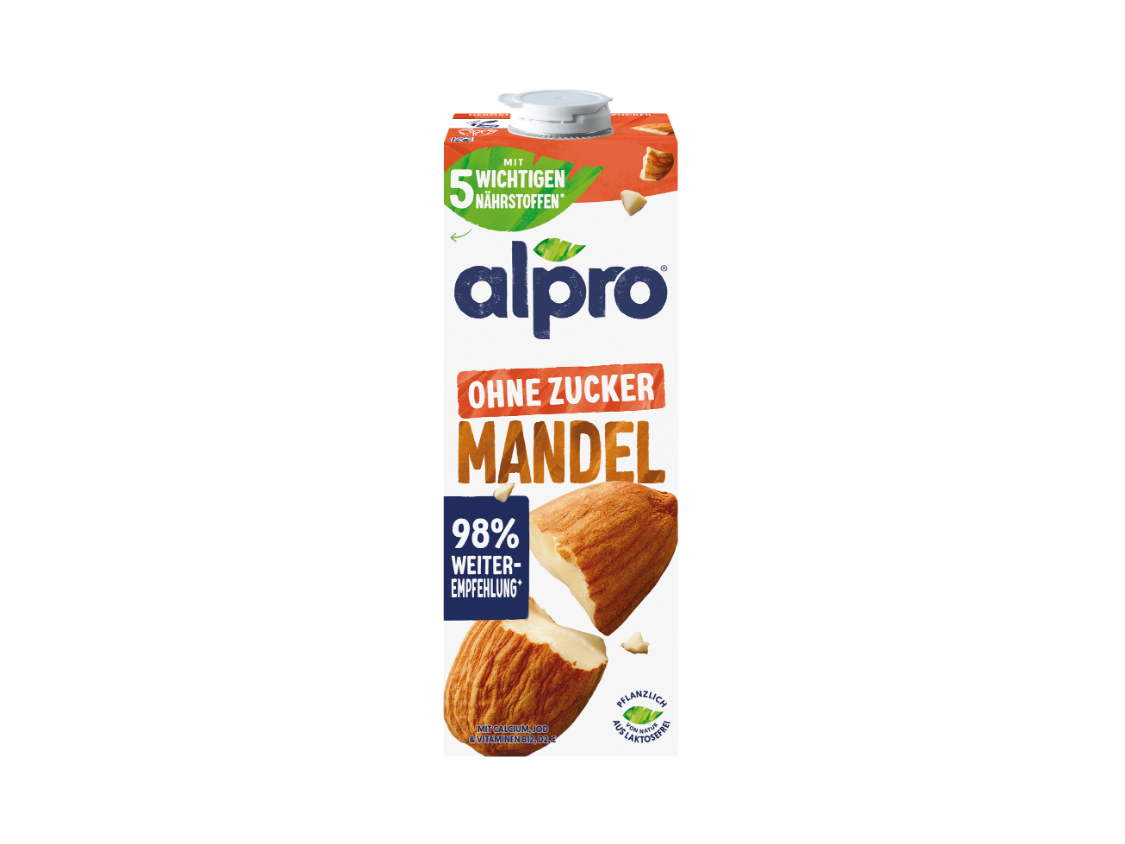 Ideal für einen bewussten Start in den Tag: Der Alpro Mandeldrink Ohne Zucker liefert fünf wichtige Nährstoffe.