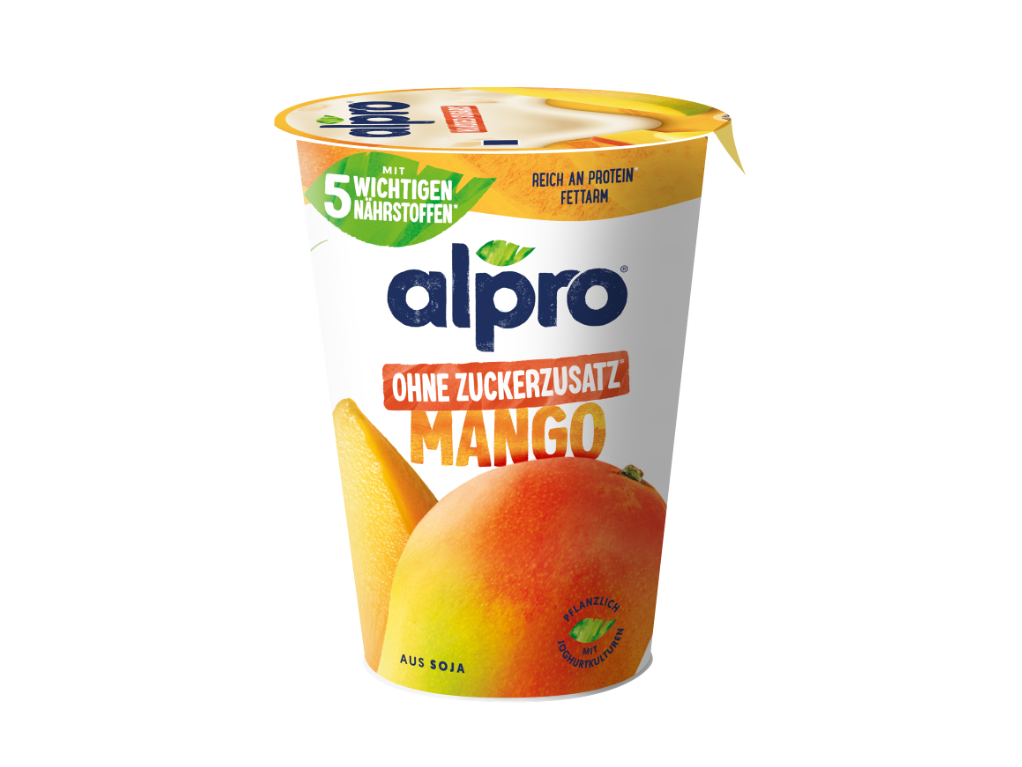 Die Joghurtalternative Mango Ohne Zuckerzusatz – cremiger Genuss mit pflanzlichem Protein.