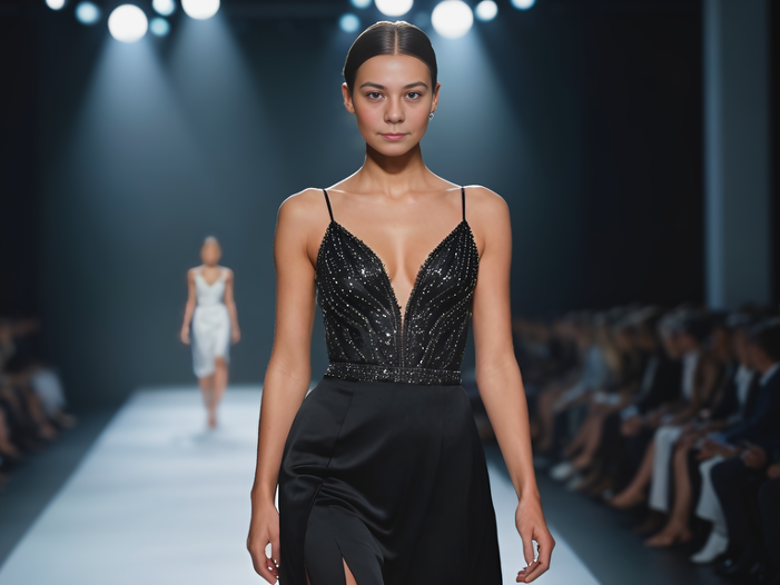 Ein Model läuft auf einem Catwalk